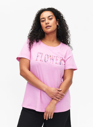 T-shirt en coton avec imprimé texte, Rosebloom w. Flower, Model image number 0