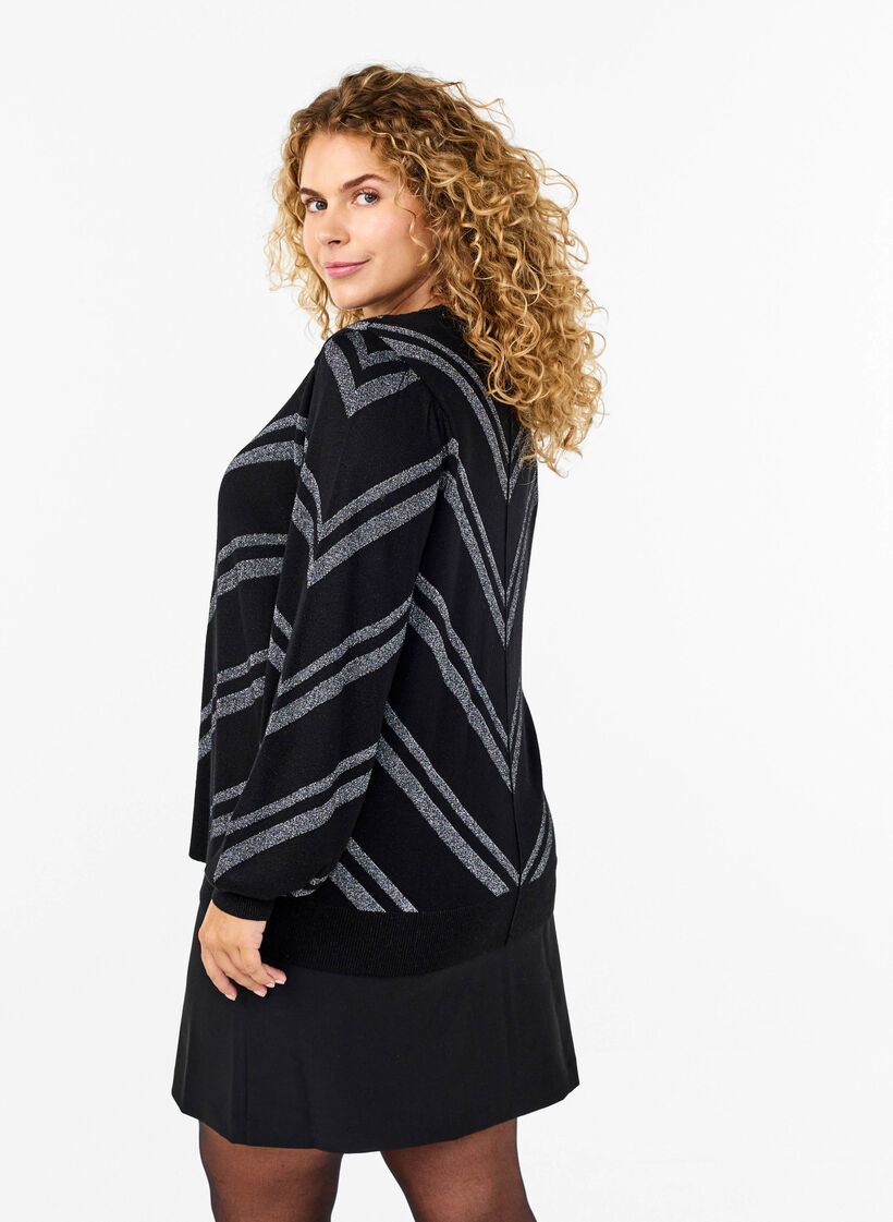 Pull tricoté avec un col rond et des reflets brillants, Black w.S.L.Stripes, Model image number 1