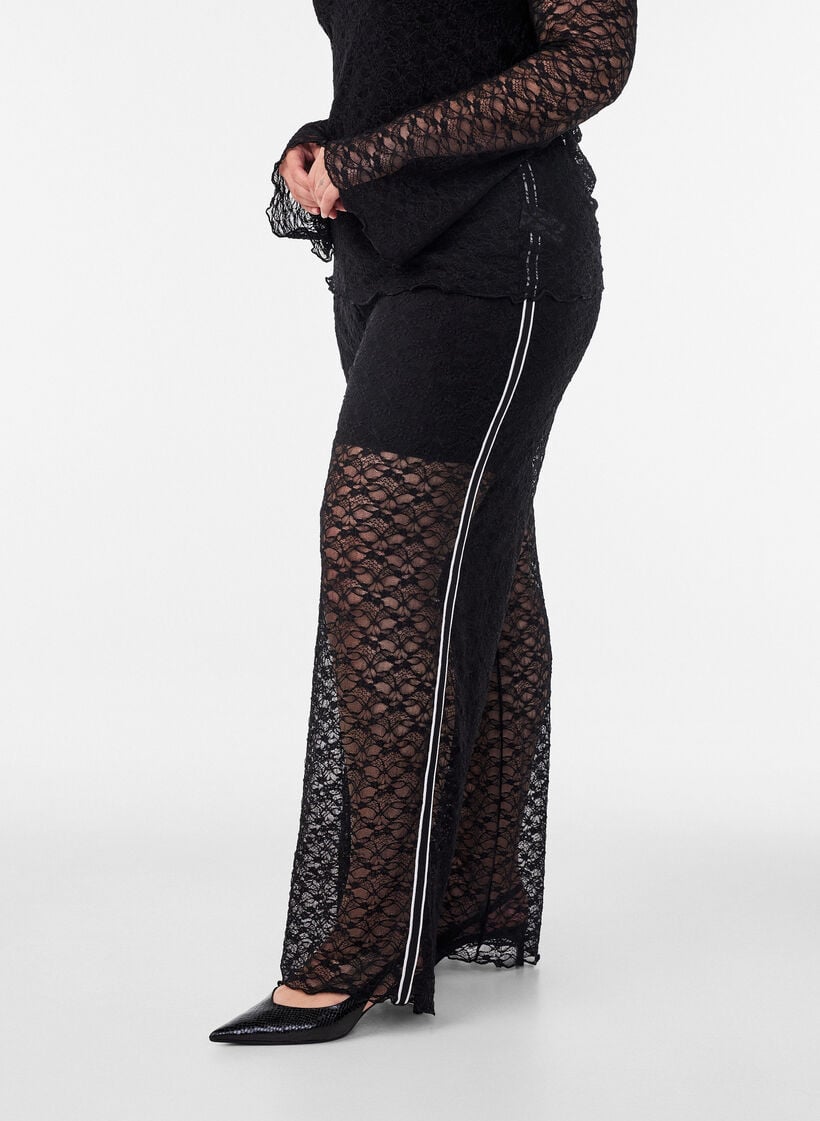 Pantalon &agrave; coupe ample en dentelle transparente, Noir, Model image number 2