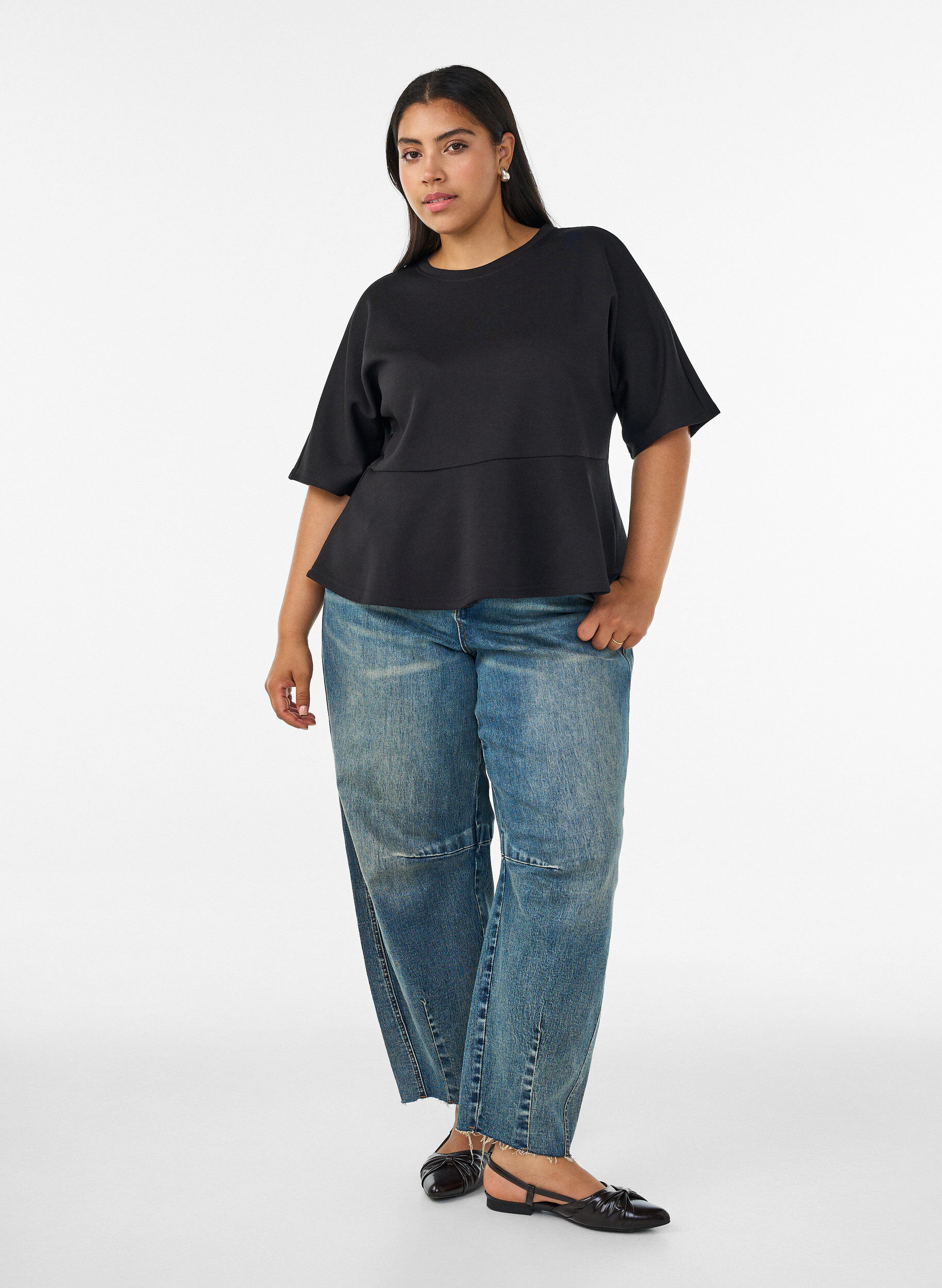 ZizziPeplum blouse met ellebooglange mouwen, Zwart, Model image number 1