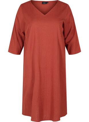 Katoenen jurk met 3/4-mouwen en knopen, Burnt Henna, Packshot image number 0