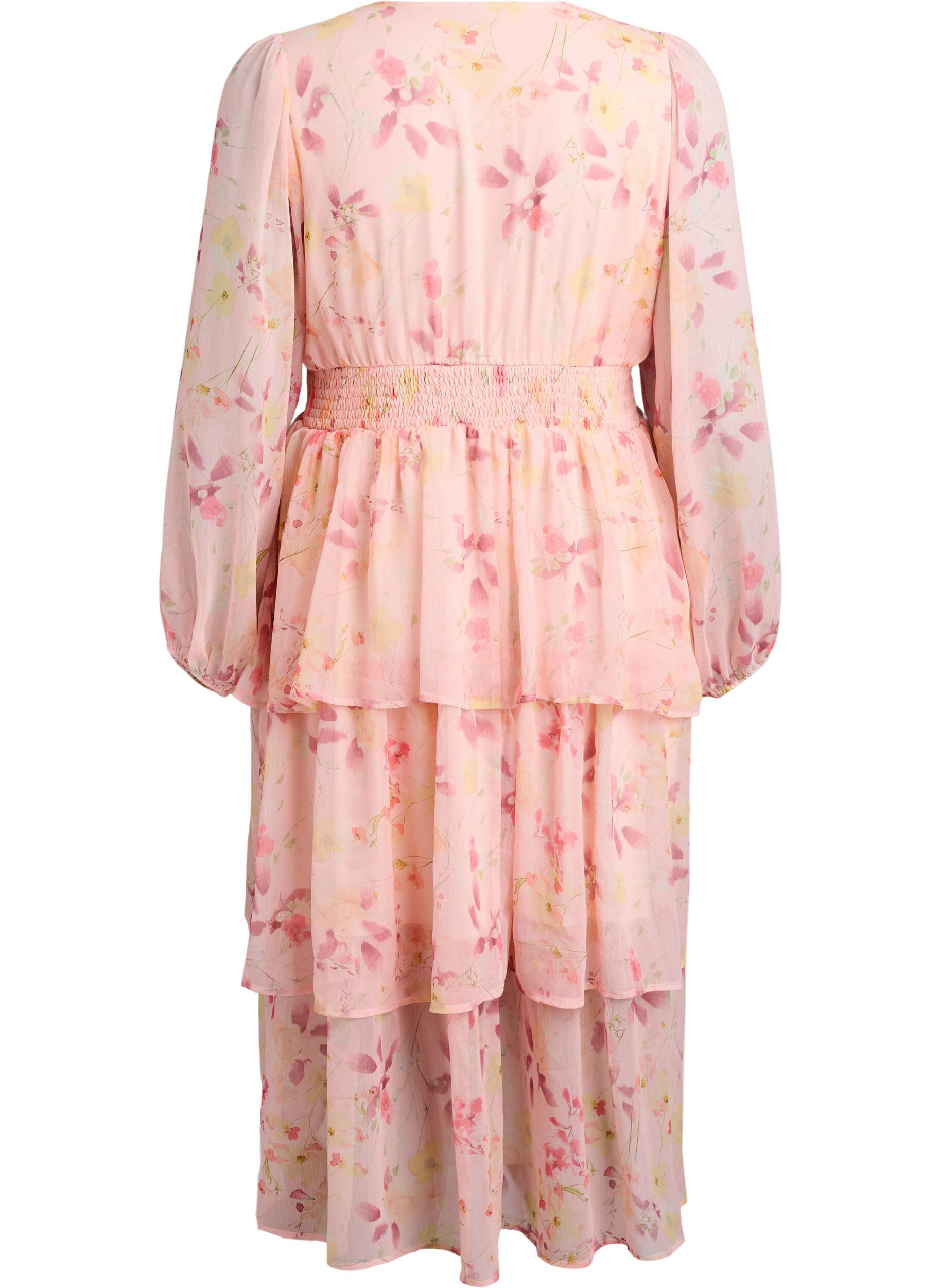 ZizziBloemen midijurk in chiffon met een gesmokte taille, Oranje, Packshot image number 1