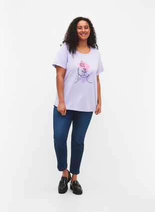 T-shirt en coton à col rond et imprimé, Lavender FACE, Model image number 2