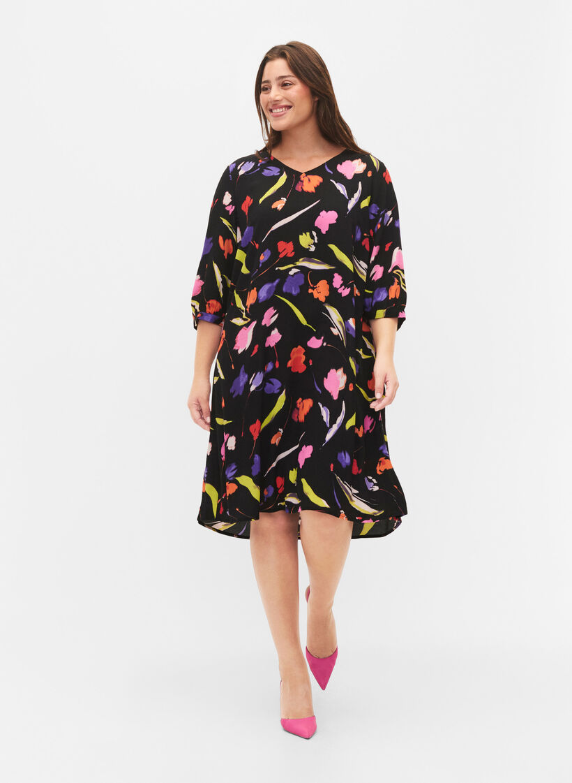 Viscose jurk met print en 3/4 mouwen, Faded Tulip AOP, Model image number 2