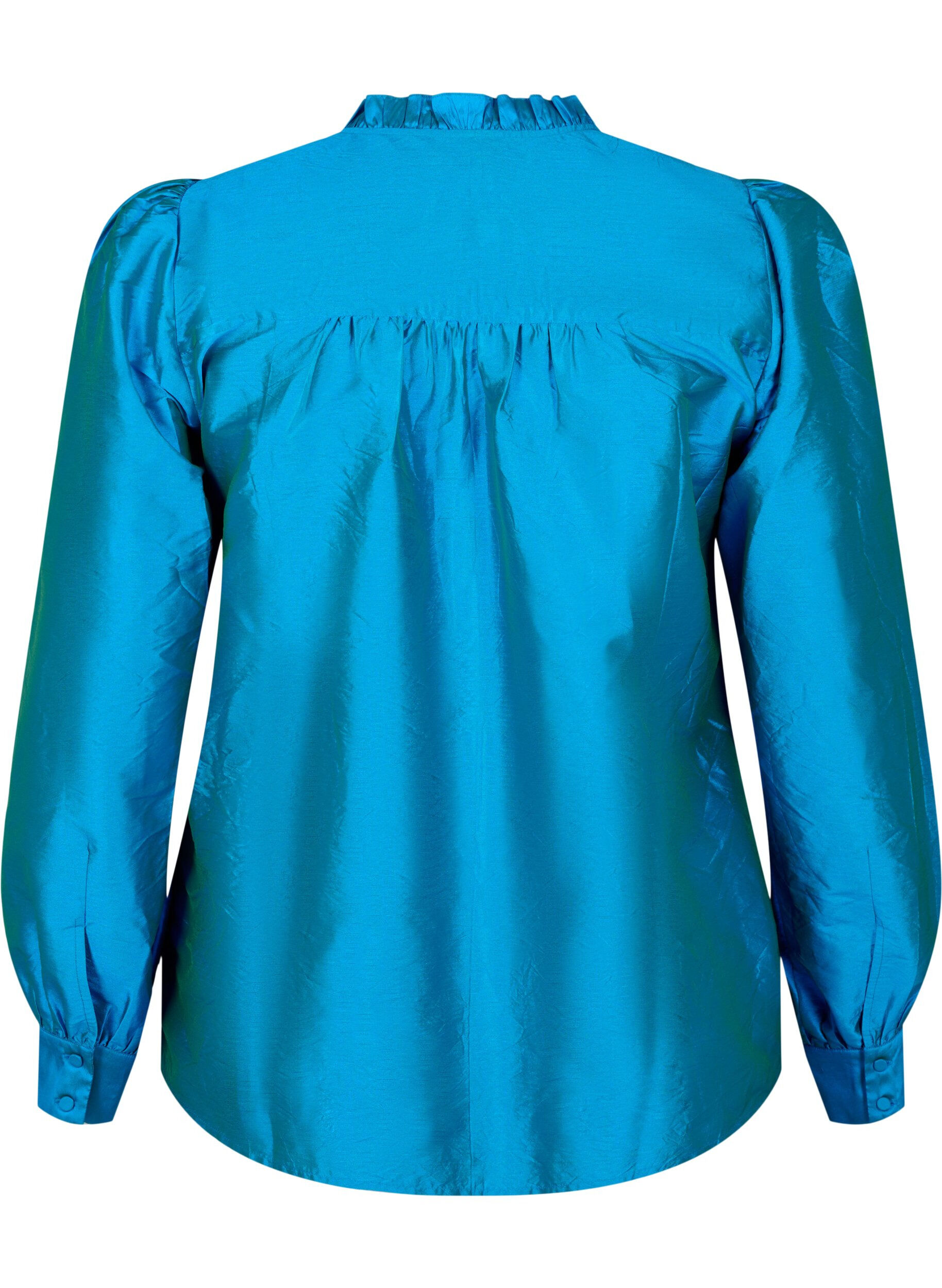 ZizziGlanzende shirtblouse met ruches, Diva Blue, Packshot image number 1