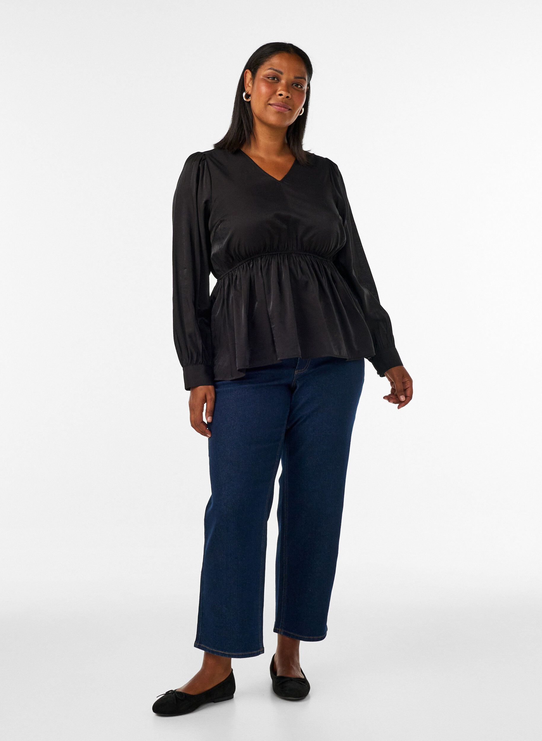 ZizziBlouse brillante en viscose &agrave; effet p&eacute;plum, Noir, Model image number 1