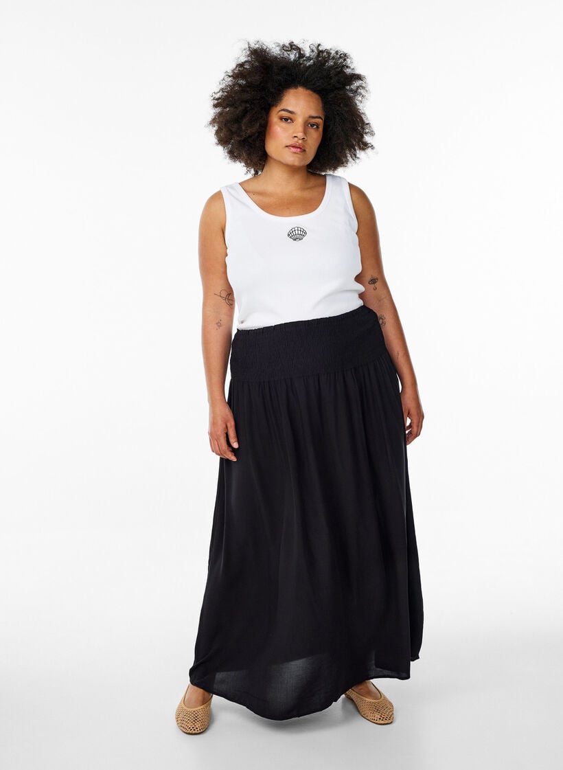 FLASH - Maxi rok in viscose met smokwerk, Zwart, Model image number 0