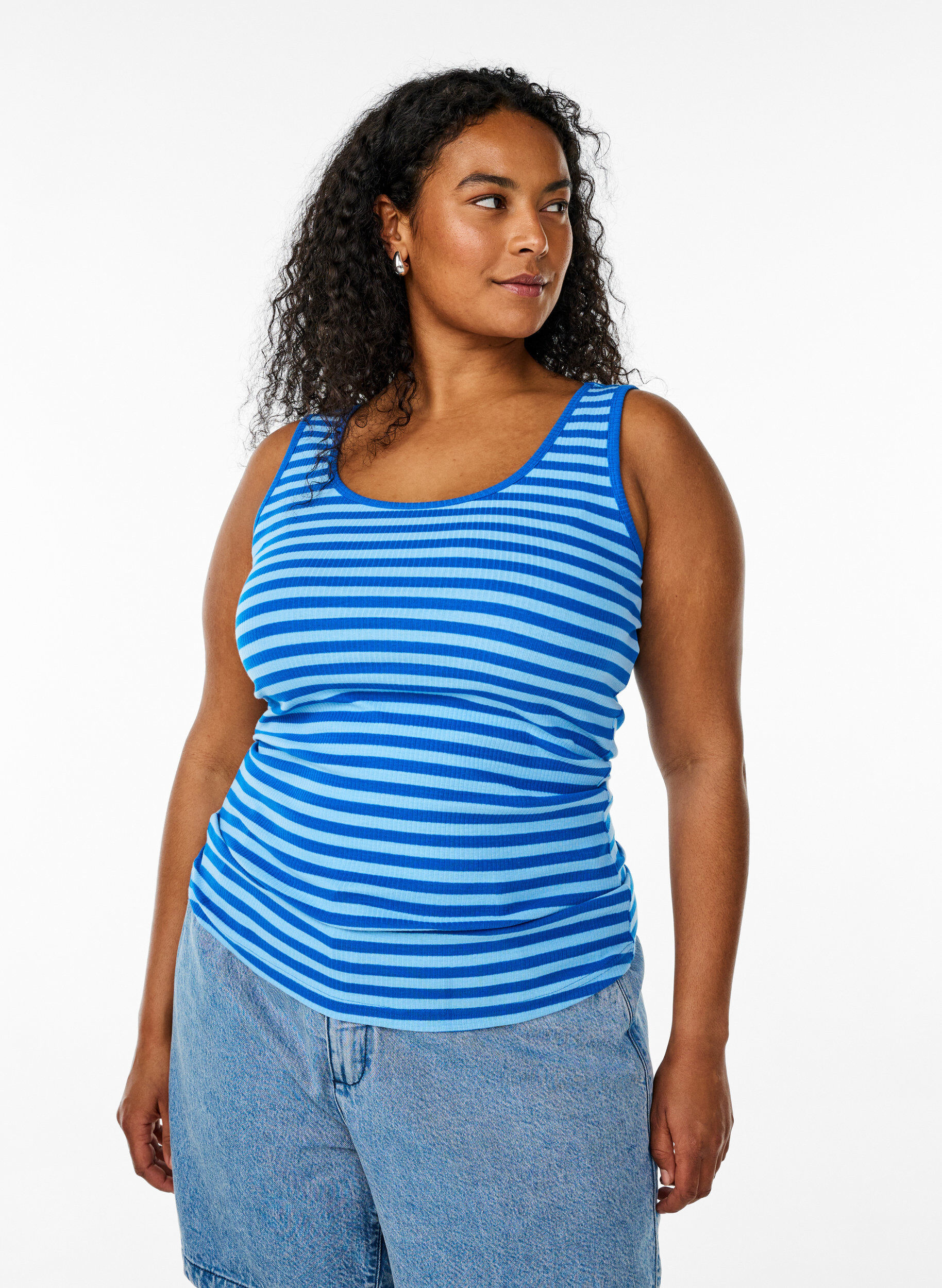 Gestreepte tanktop met een ribstructuur, Blauw, Model