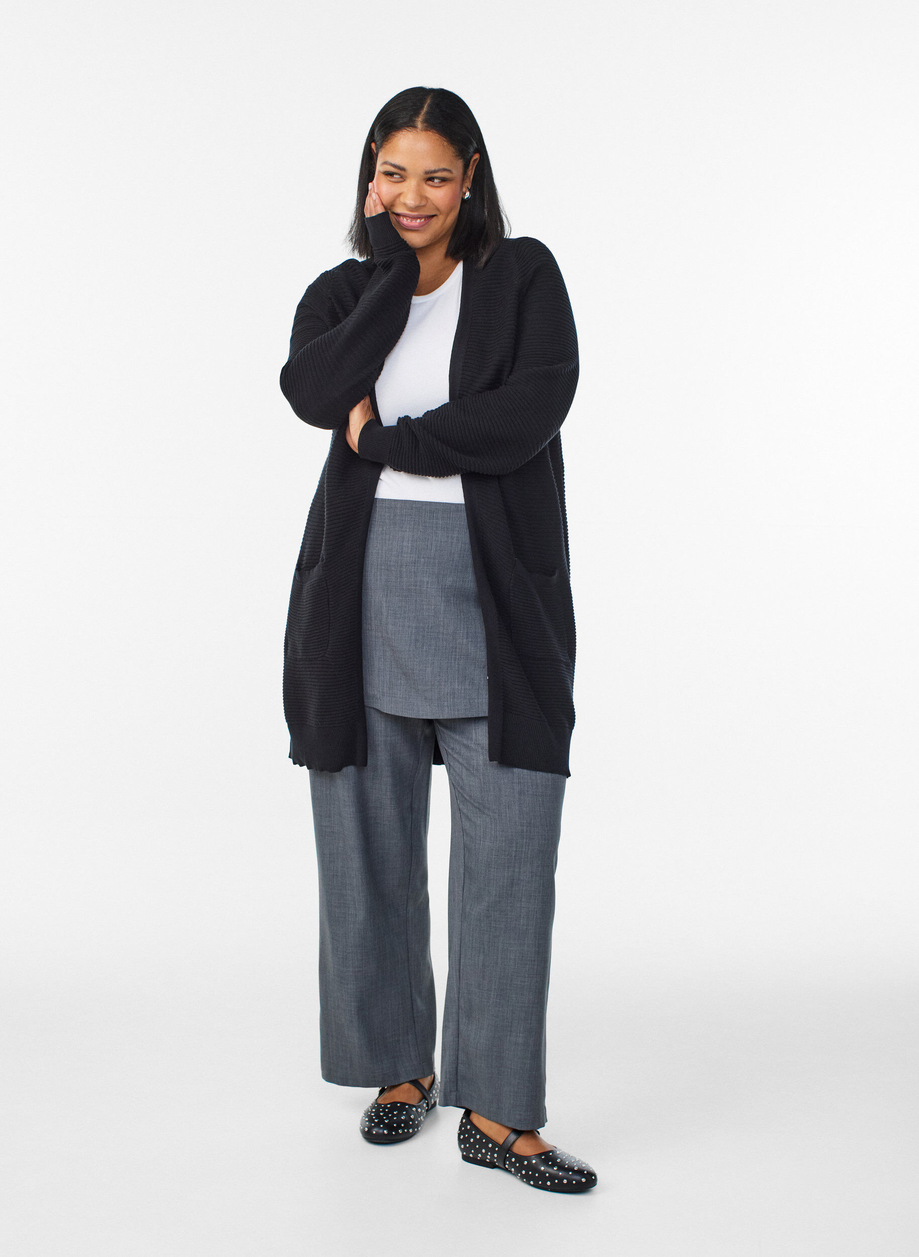 ZizziLang, ribgebreid katoenen vest, Zwart, Model image number 1