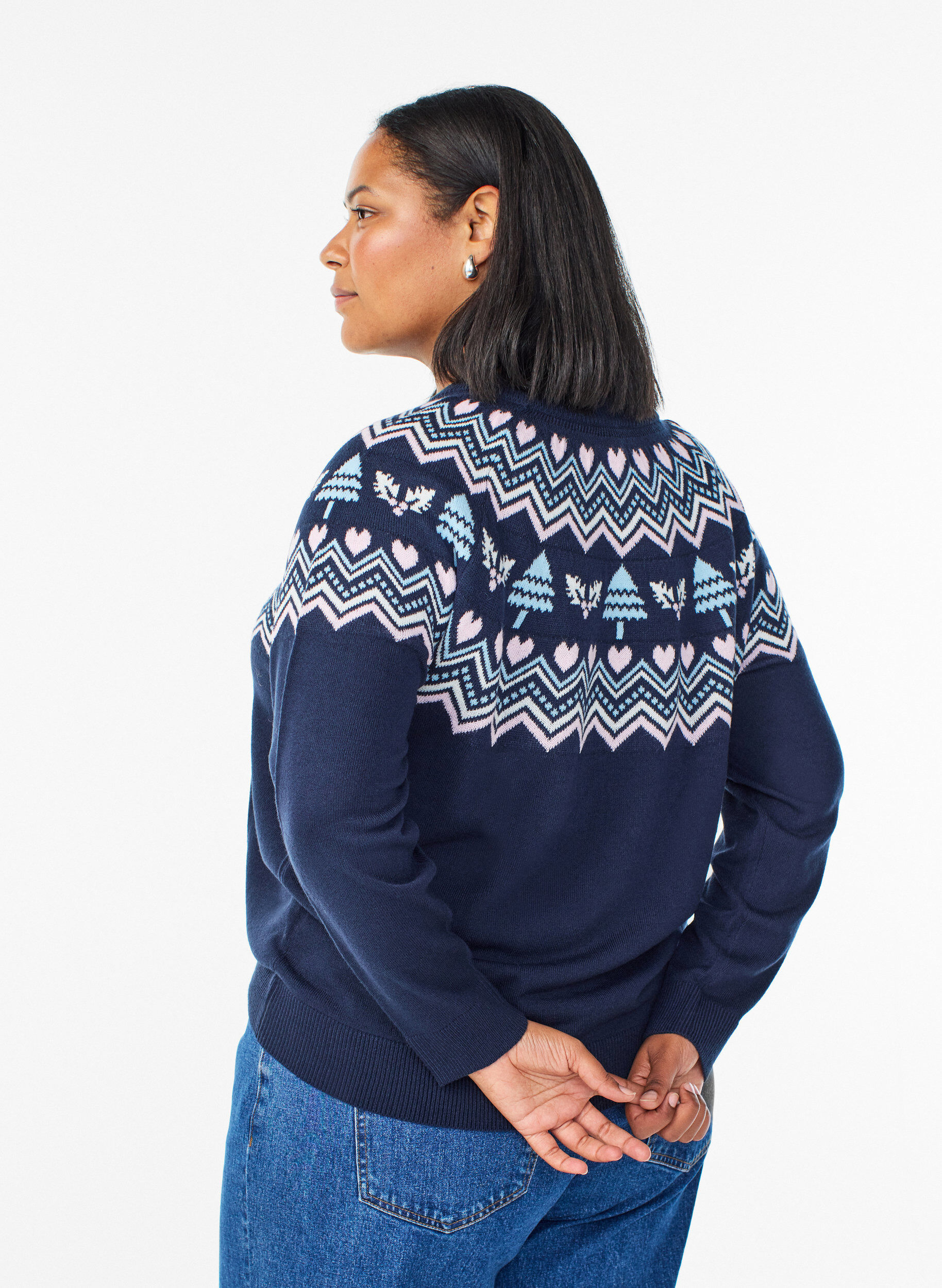 Zizzi Blouse en maille &agrave; motif jacquard et motifs de No&euml;l, Bleu, Model image number 2
