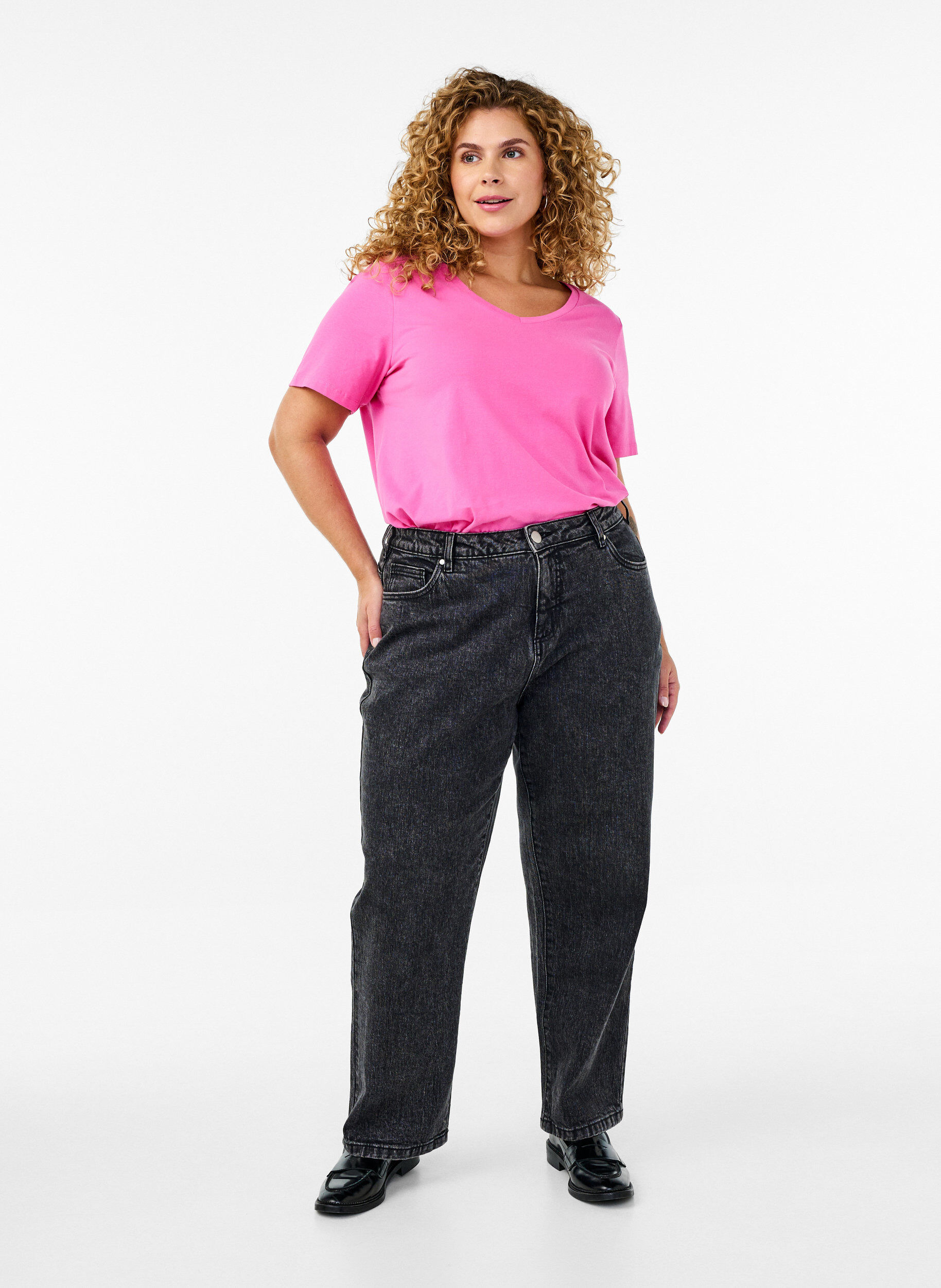 Zizzi T-shirt en coton uni basique, Rose, Model image number 1