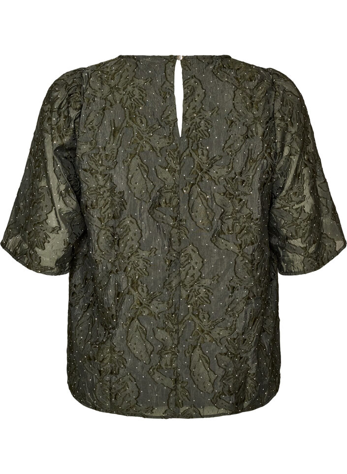Jacquard blouse met sprankelende details en pofmouwen, Groen, Packshot image number 1