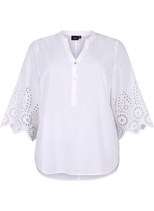 Chemisier à broderie anglaise et manches 3/4, Bright White, Packshot image number 0