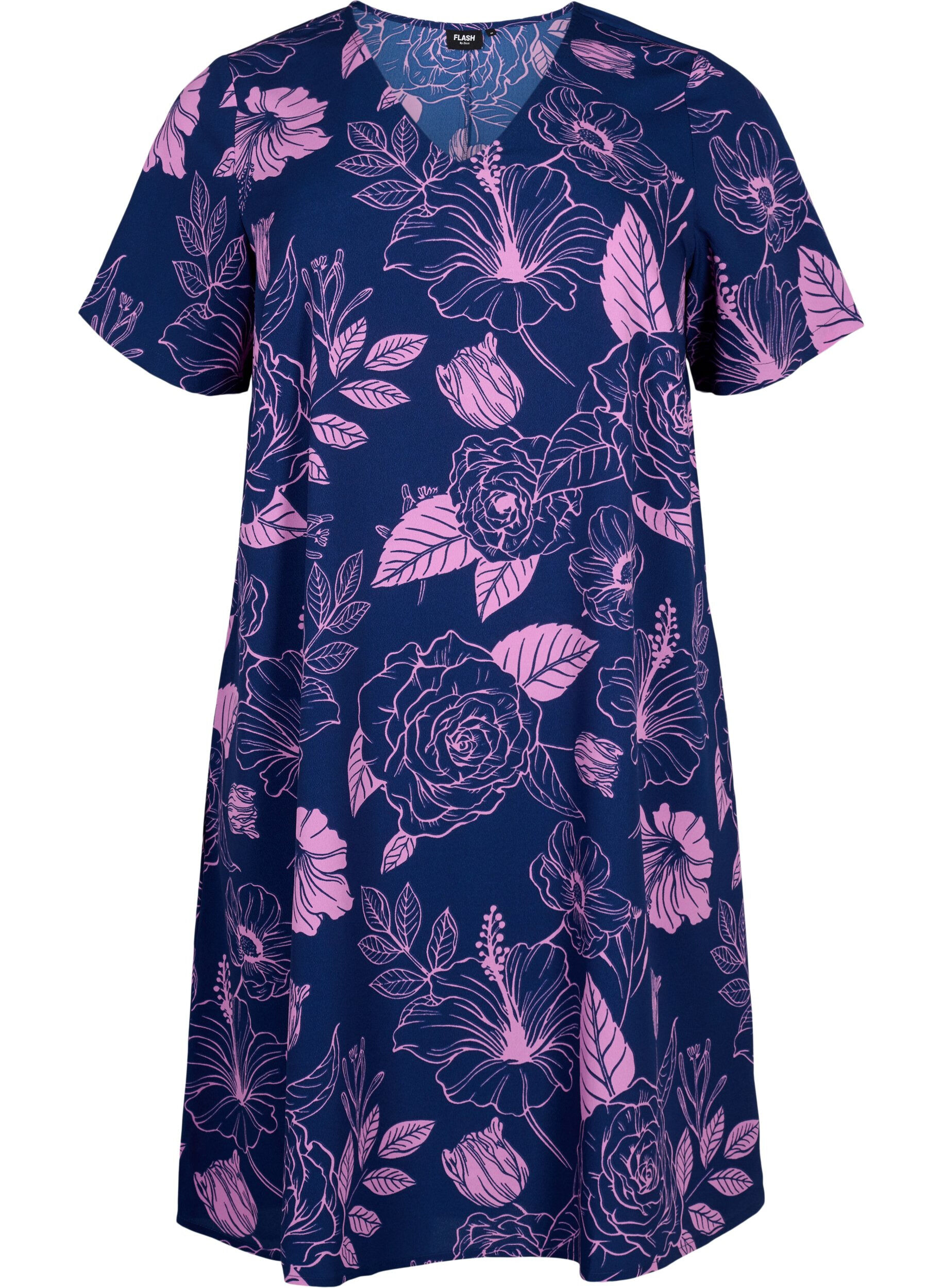 Zizzi Robe FLASH &agrave; col en V avec imprim&eacute; &agrave; fleur, Medieval Blue Flower, Packshot image number 0