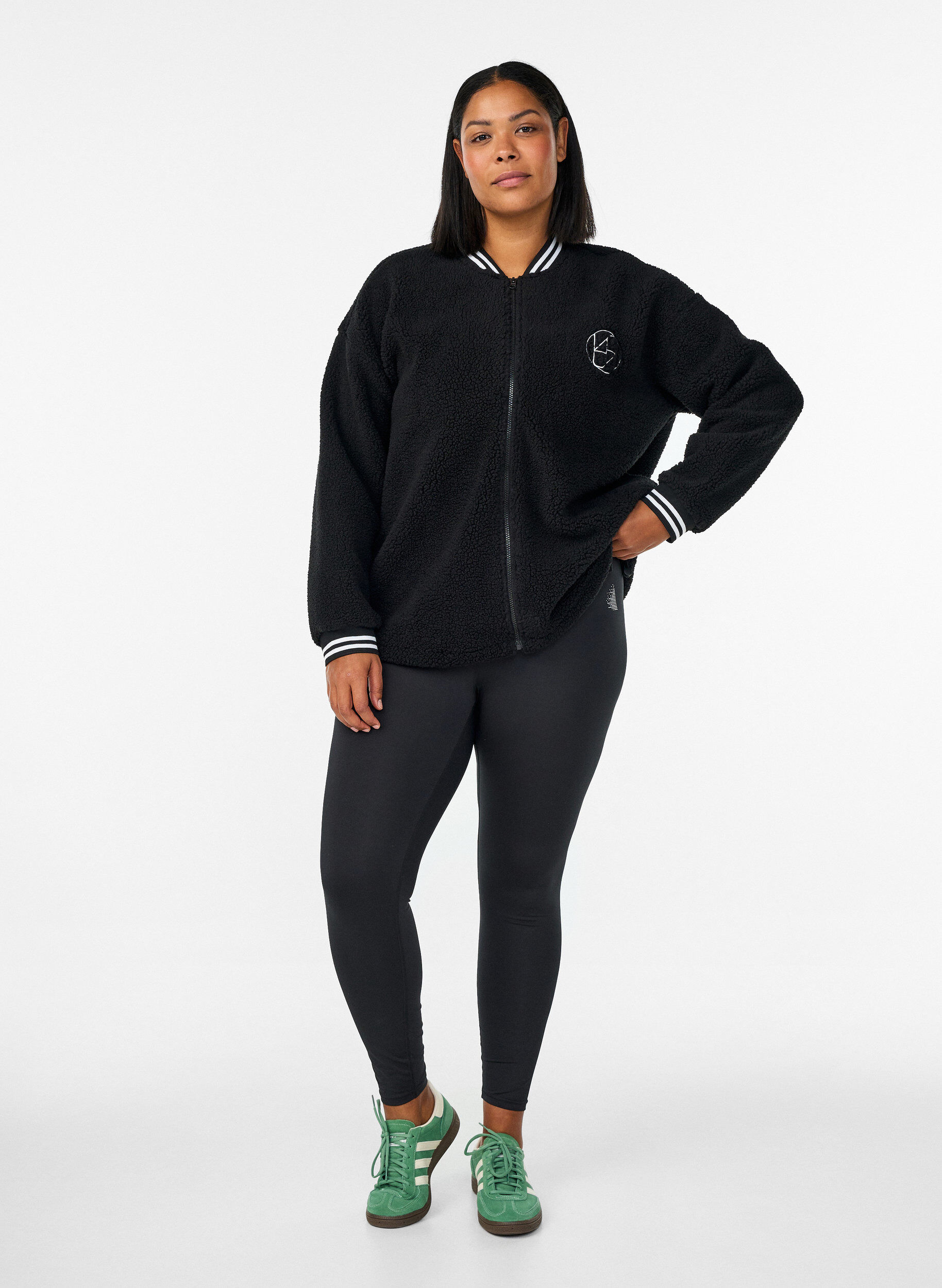 ZizziTeddyfleece jas met strependetails, Zwart, Model image number 1