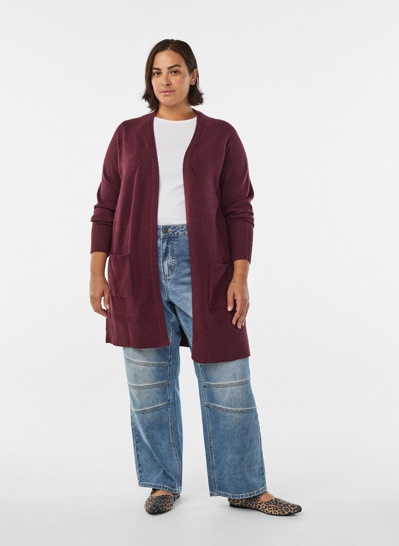 Cardigan en tricot c&ocirc;tel&eacute; avec poches, Bordeaux fonc&eacute;, Model image number 1