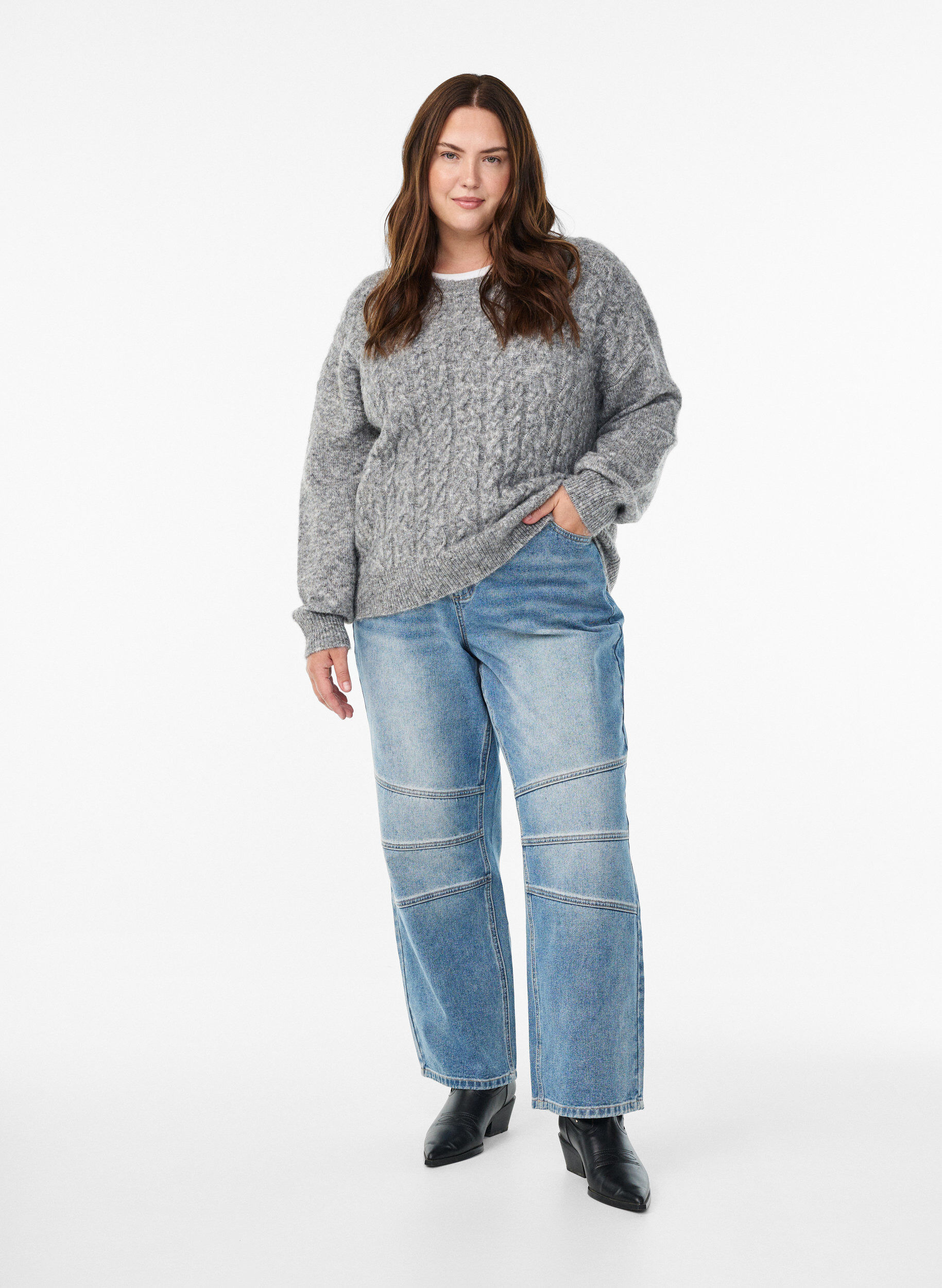 Zizzi Blouse en maille torsad&eacute;e, Gris, Model image number 1