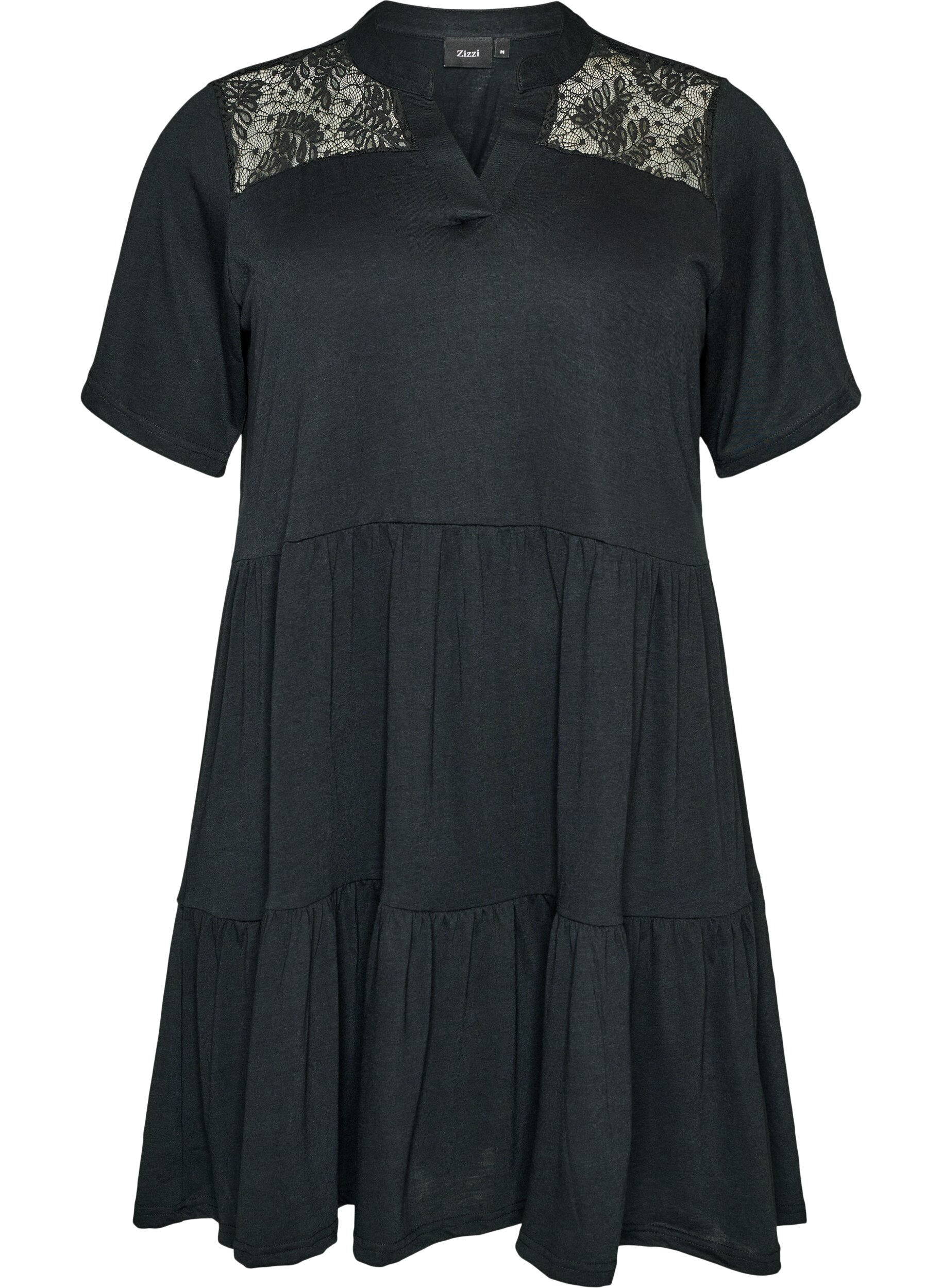 ZizziRobe en jersey avec d&eacute;tails en dentelle et jupe superpos&eacute;e, Noir, Packshot image number 0