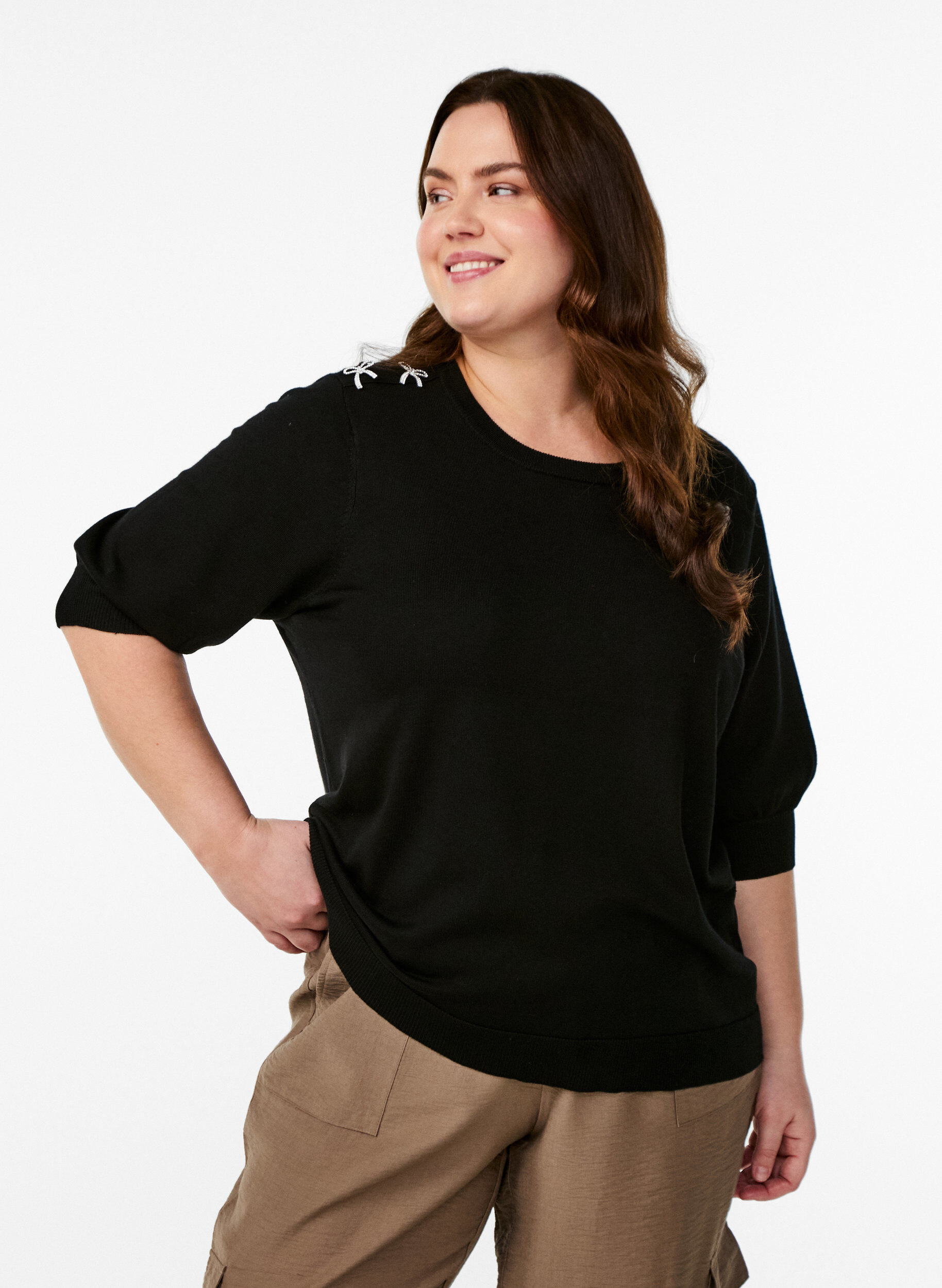 ZizziGebreide blouse met korte mouwen en kleine strikken, Zwart, Model image number 0