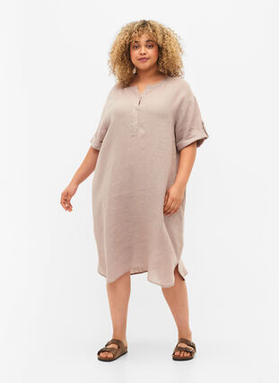 Korte mouw jurk in 100% linnen, Sand, Model image number 2