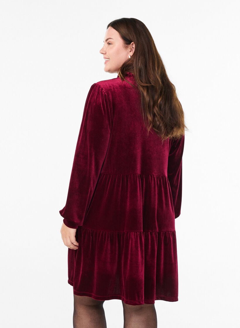 Veloursjurk met lange mouwen en een ruchekraag, Rood, Model image number 2