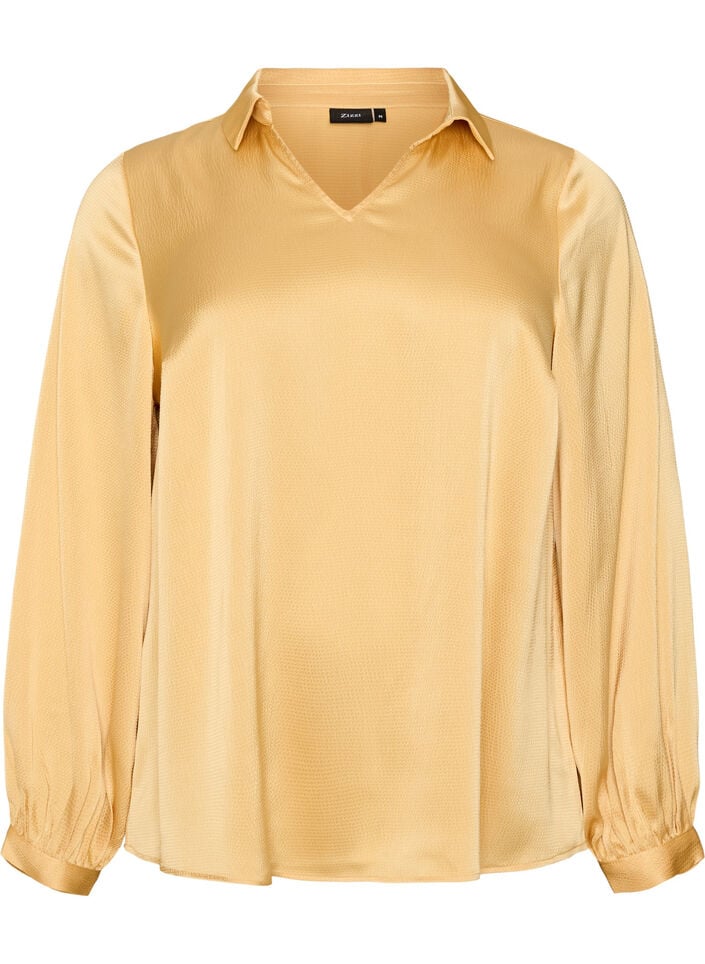 Blouse avec col de chemise et col en V, Jaune clair, Packshot image number 0