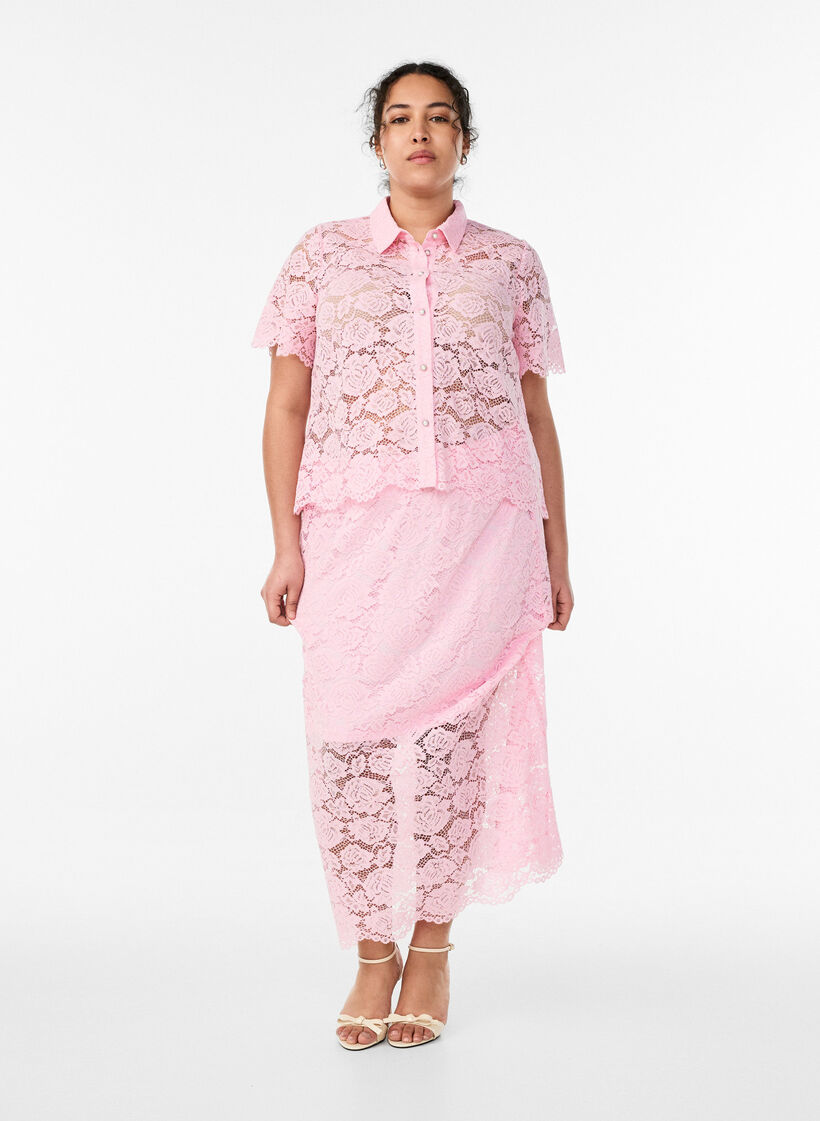 Kanten shirt blouse met parelknopen, Roze, Model