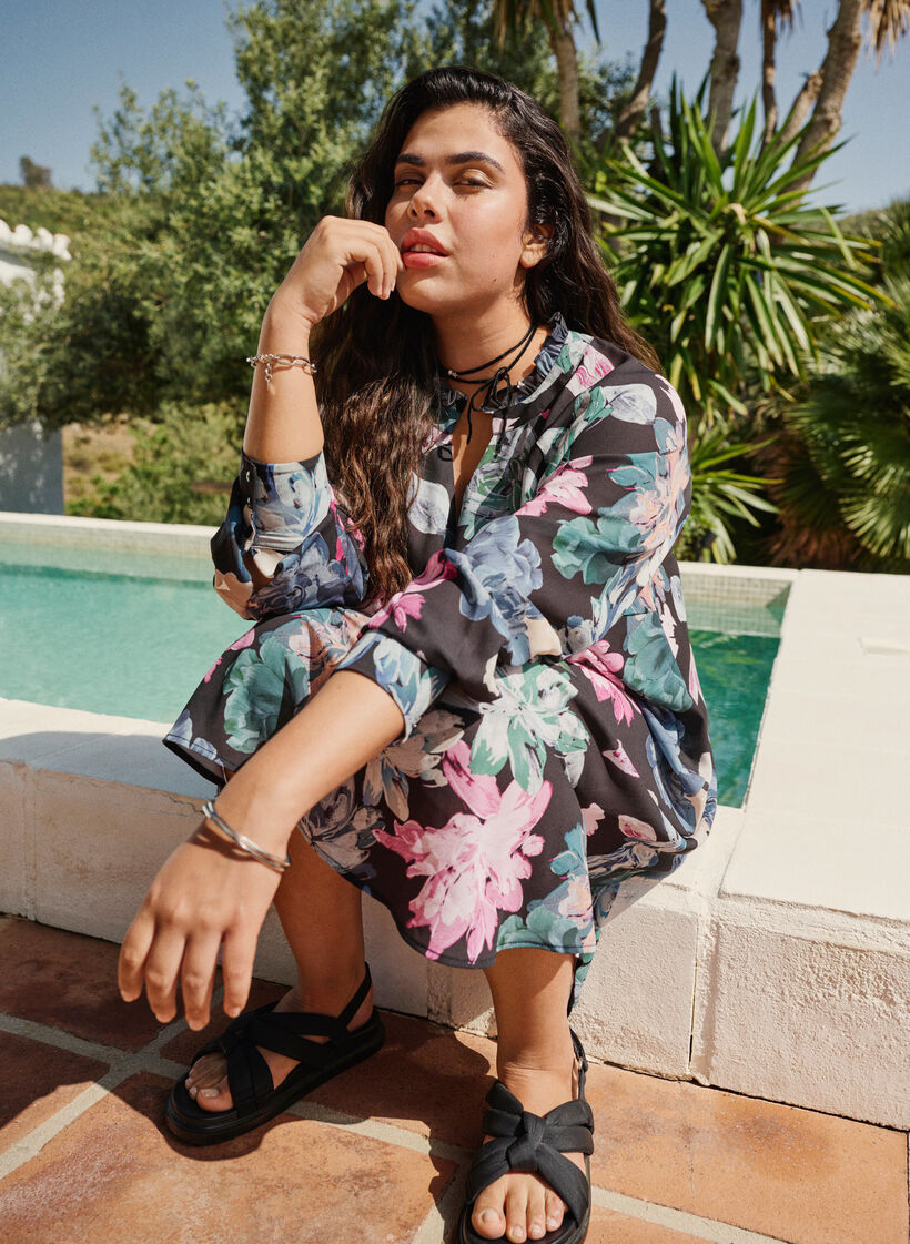 Jurk met lange mouwen en bloemenprint, Rose Flower AOP, Image image number 0