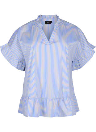 Gestreepte blouse met peplum en ruches, Blue Stripe, Packshot image number 0