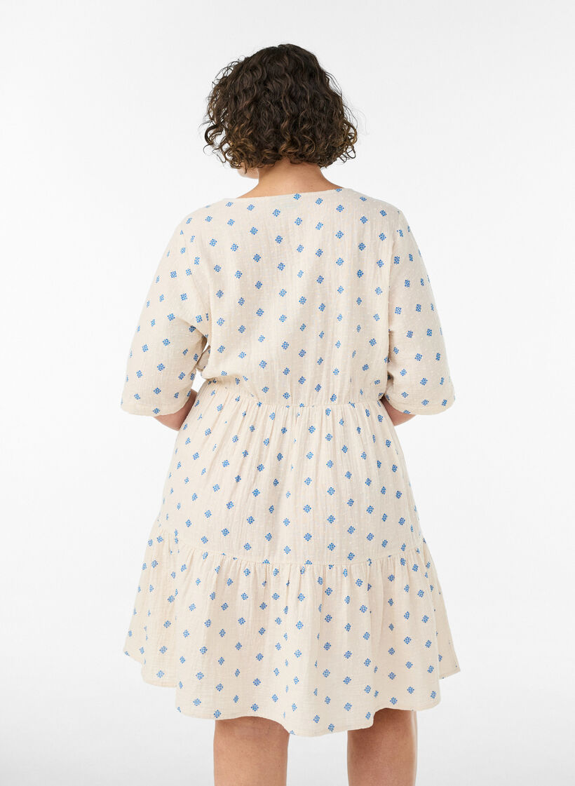 Gebloemde katoenen jurk met een elastische taille, Beige, Model image number 2