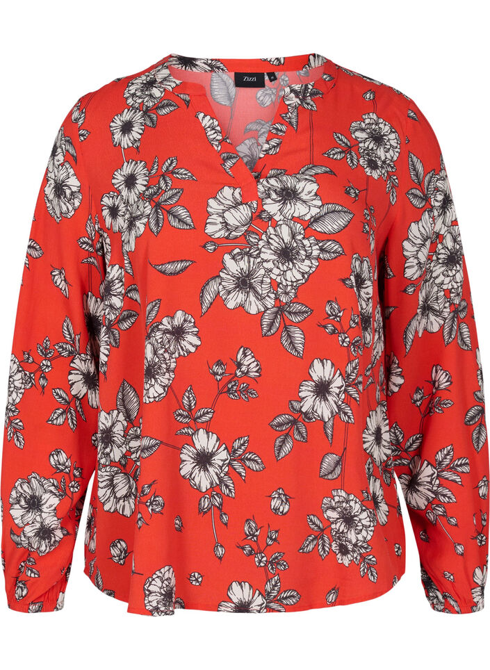 Gebloemde viscose blouse met lange mouwen, Fiery Red Flower AOP, Packshot image number 0