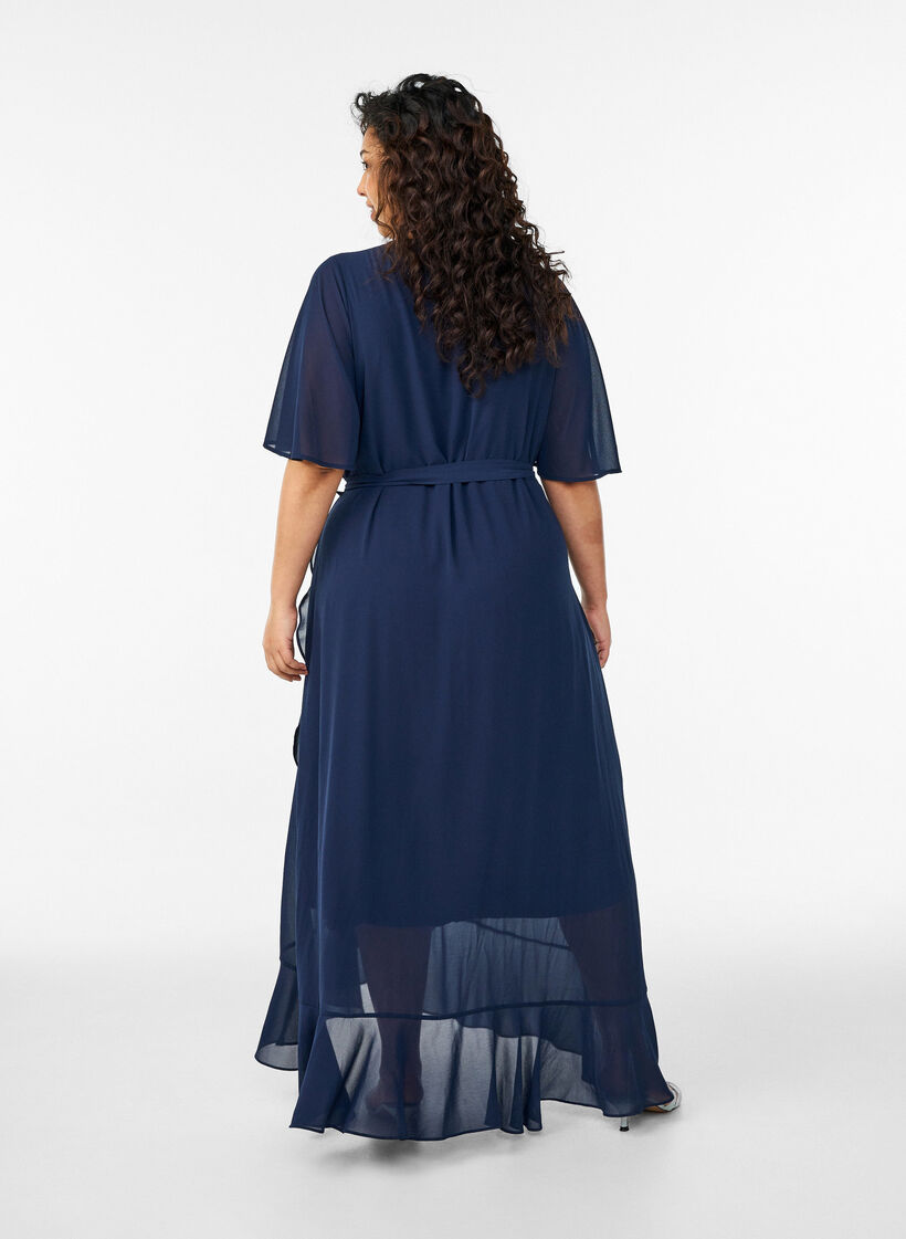 Robe longue en mousseline avec d&eacute;collet&eacute; en V et ourlet &agrave; volants, Bleu, Model image number 1