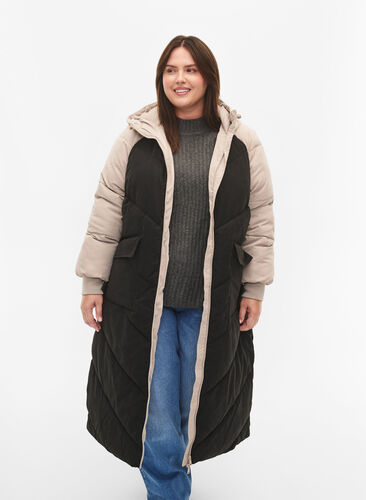 Veste d'hiver longue à capuche avec blocs de couleurs, Black Comb, Model image number 0