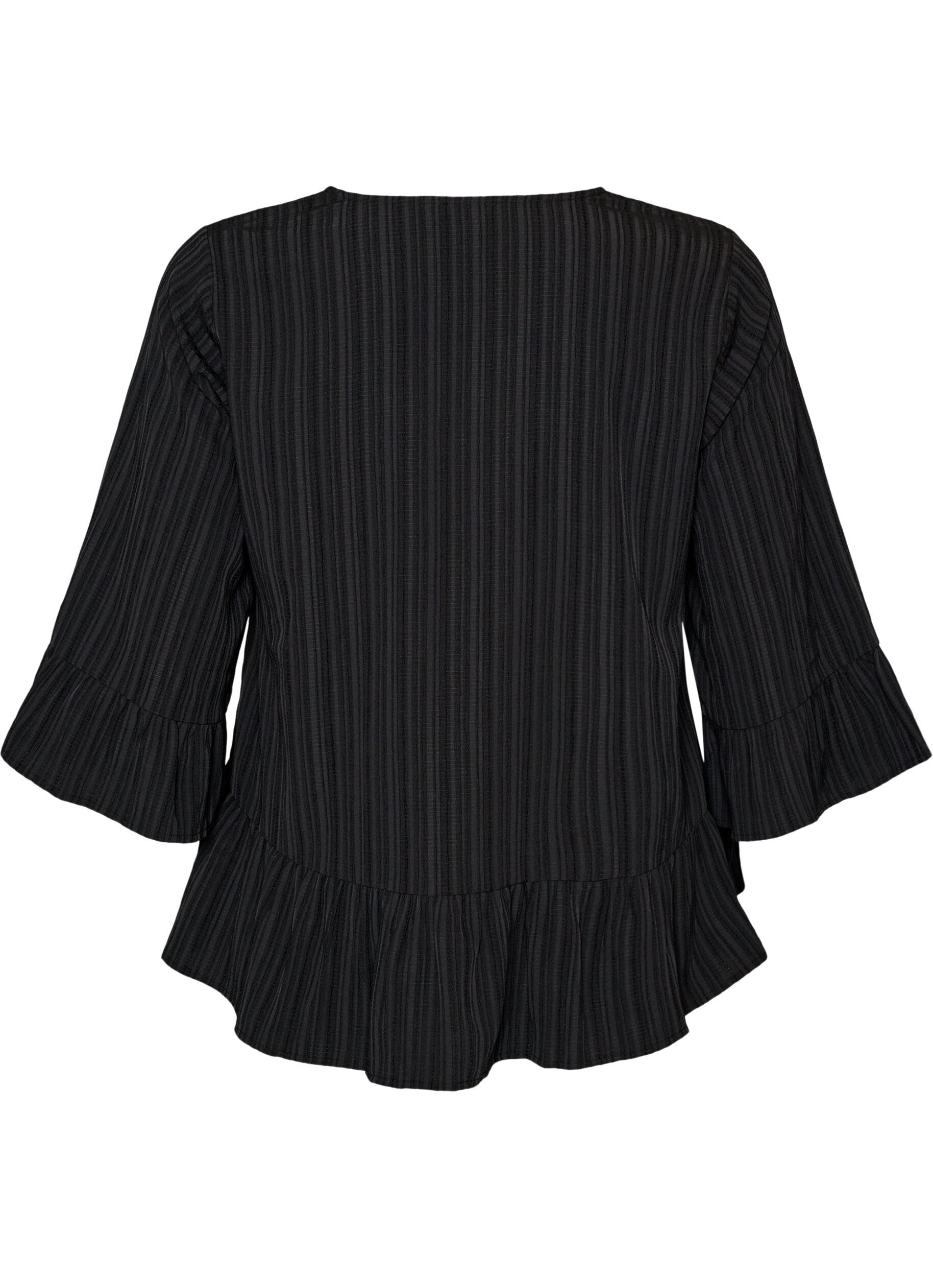 ZizziBlouse textur&eacute;e avec col V et volants, Noir, Packshot image number 1