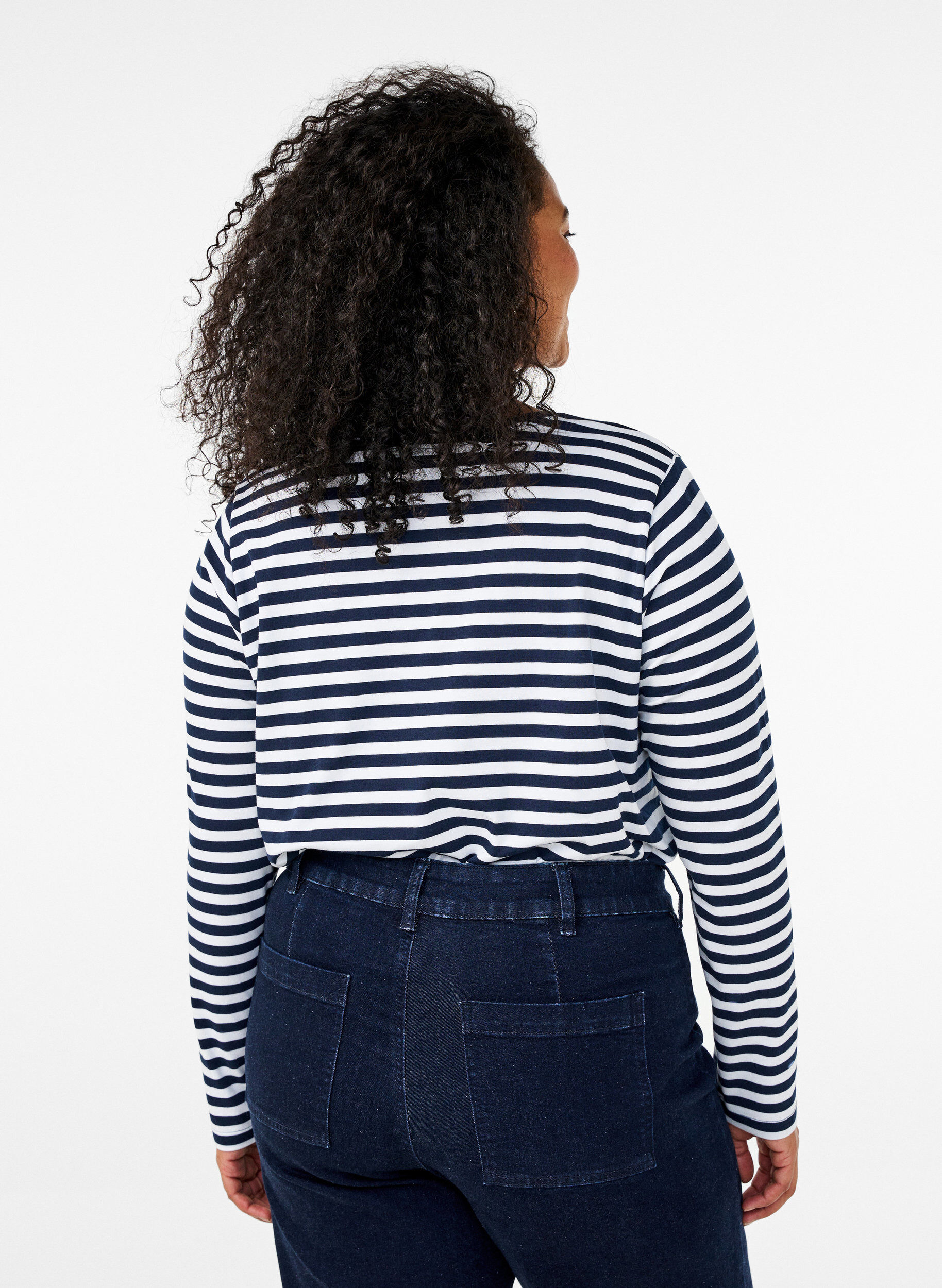 ZizziGestreepte blouse met motief, White w.Navy Stripe, Model image number 1