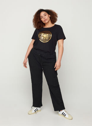 Katoenen t-shirt met goudkleurig print, Black, Model image number 2
