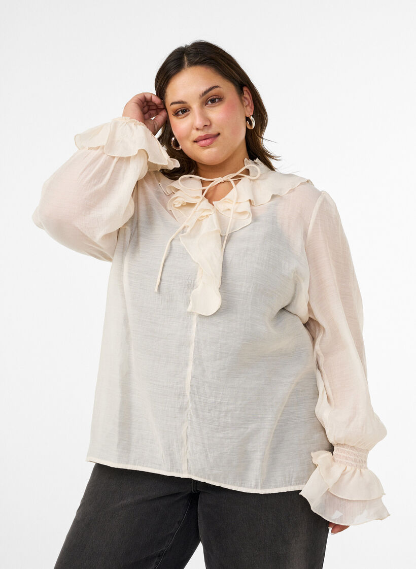 Viscose blouse met ruches en lange mouwen, Vanille, Model image number 0