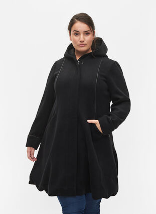 Veste en laine avec capuche, Black Solid, Model image number 0
