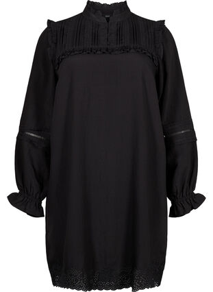 Viscose jurk met Engels borduurwerk en ruches, Black, Packshot image number 0