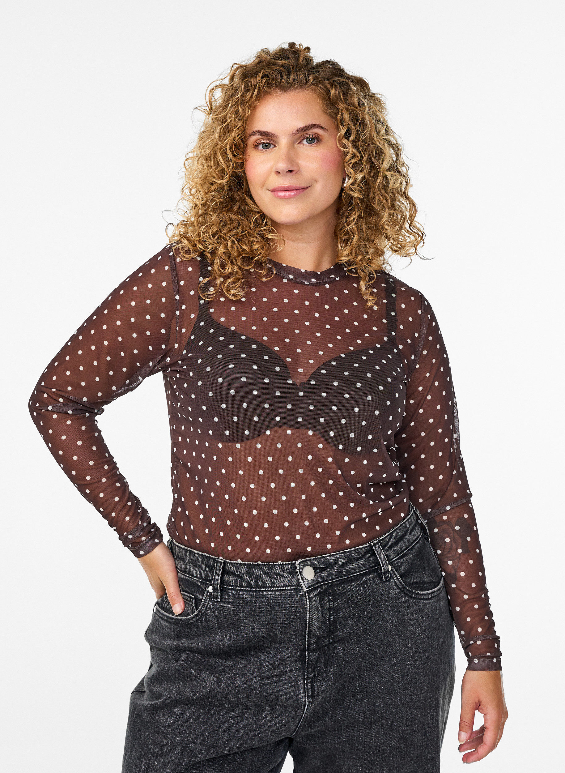 ZizziMesh blouse met stippen, Bruin, Model image number 0