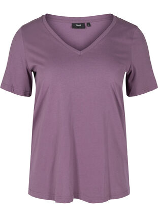 T-shirt en coton bio à col V, Vintage Violet, Packshot image number 0