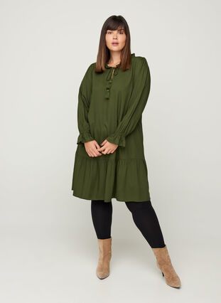 Viscose jurk met koordsluiting, Rifle Green, Model image number 3