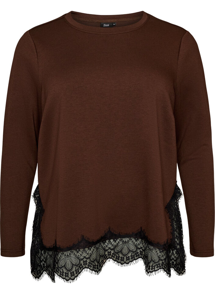 Jersey blouse met kanten rand, Bruin, Packshot image number 0