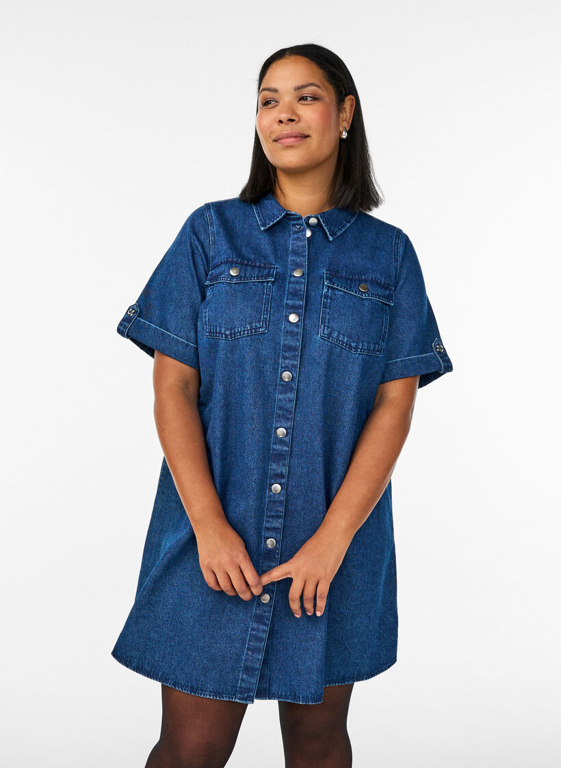 Robe en denim avec manches courtes et boutons, Bleu, Model image number 0