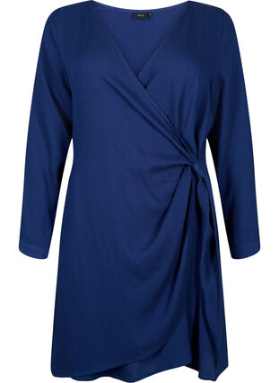 Viscose jurk met lange mouwen en wikkel-look, Medieval Blue, Packshot image number 0