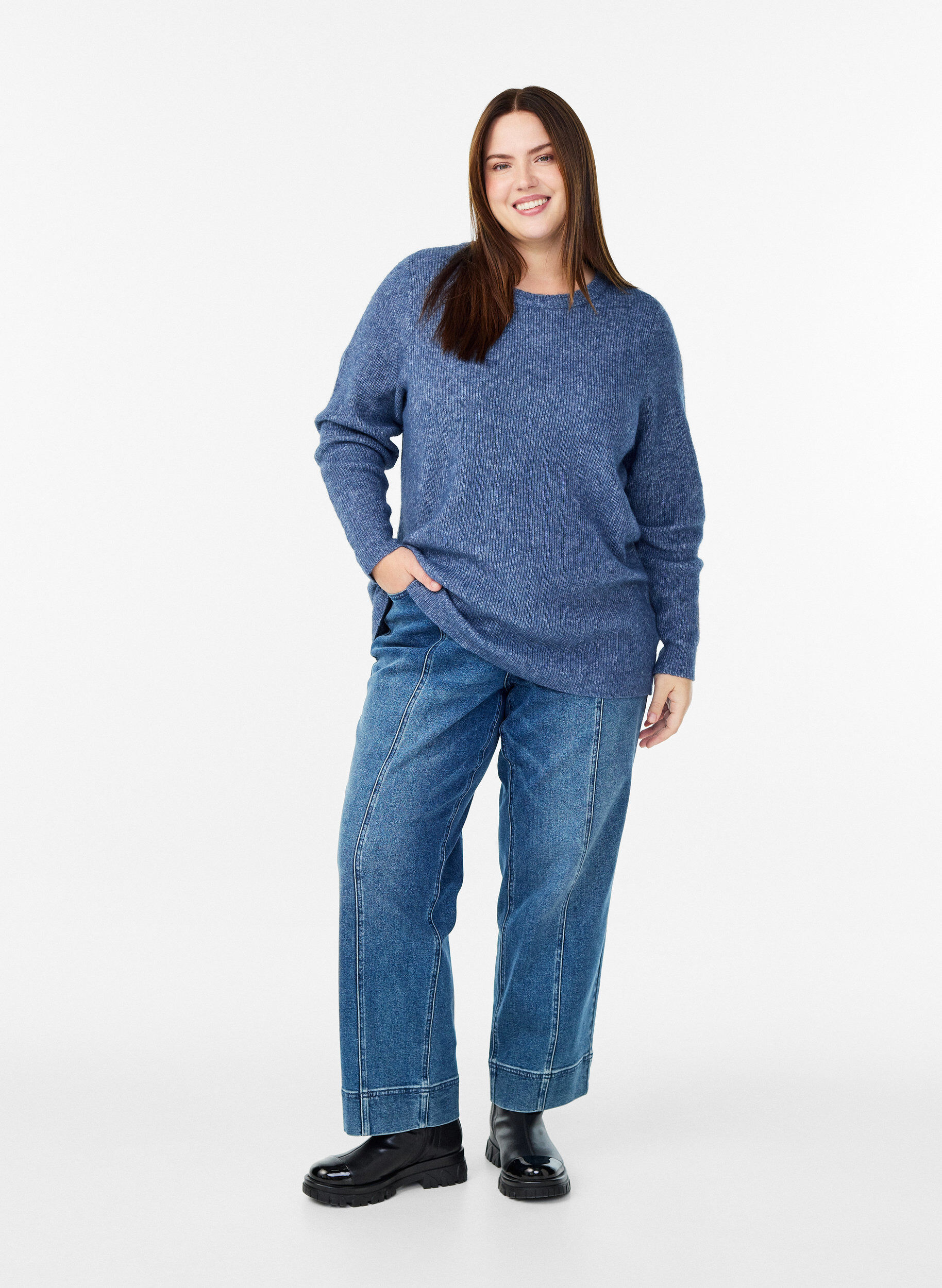 ZizziBlouse en maille chin&eacute;e &agrave; col rond, Bleu, Model image number 1