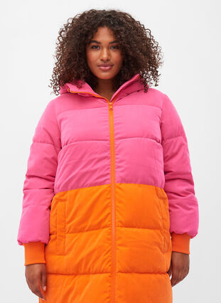 Lange winterjas met color-block, Pink W/Orange, Model image number 2