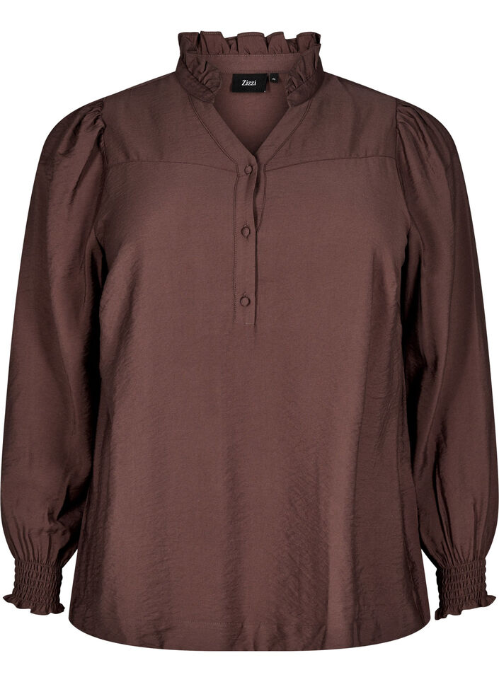 Blouse met rucheskraag, Bruin, Packshot image number 0