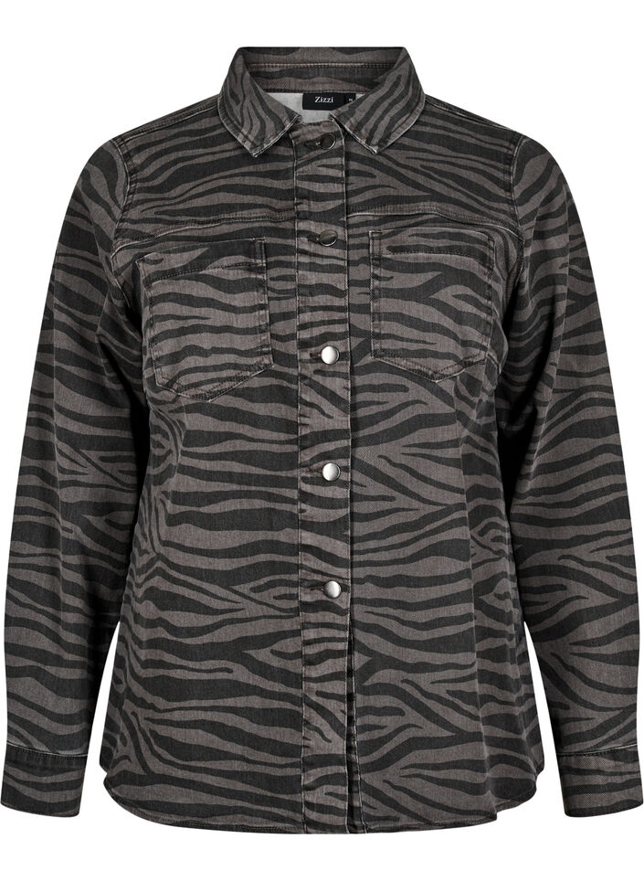 Luipaardprint denim shirt met knopen, Zwart, Packshot image number 0