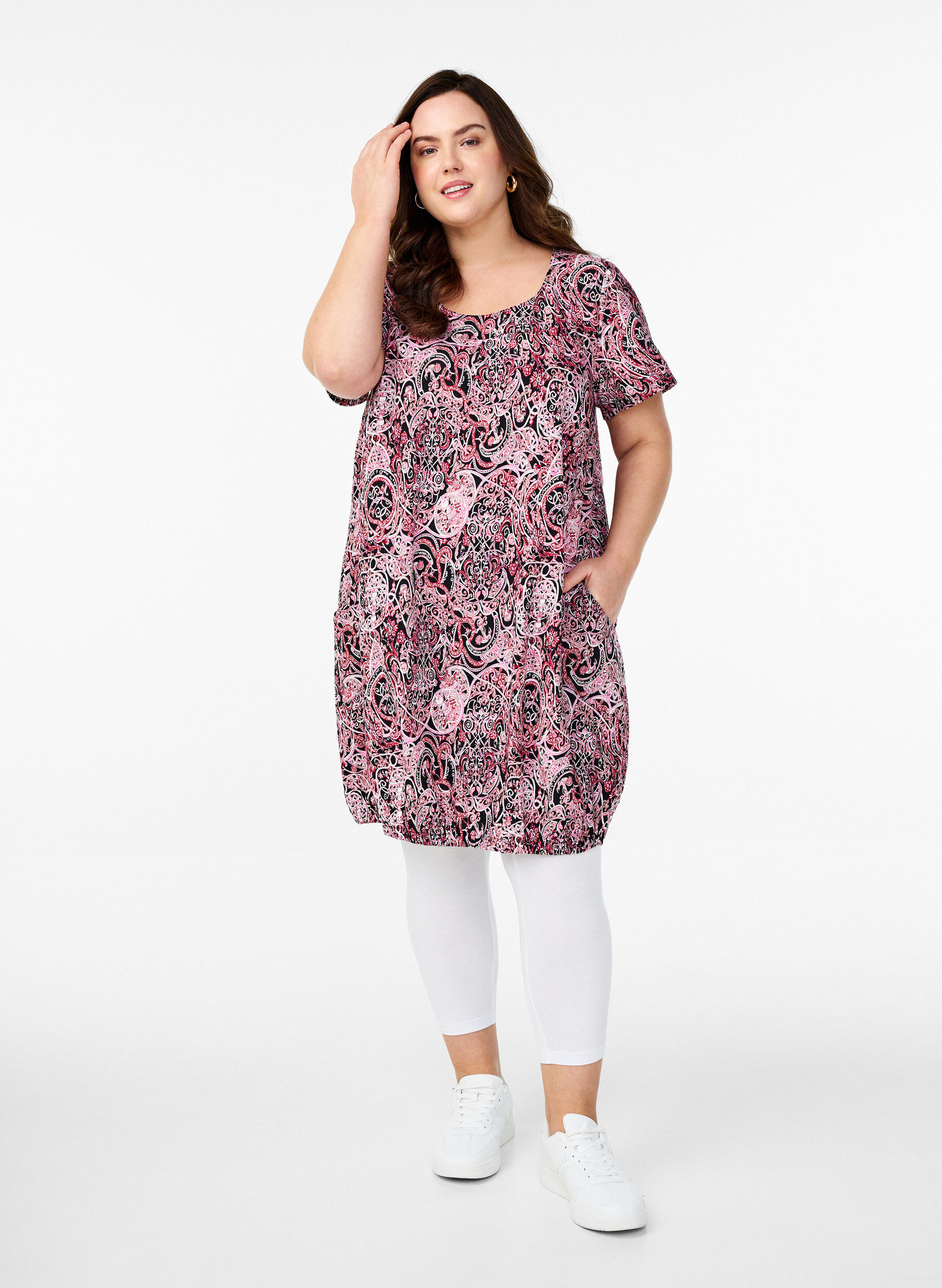 ZizziKatoenen jurk met korte mouwen en print, Zwart, Model image number 1